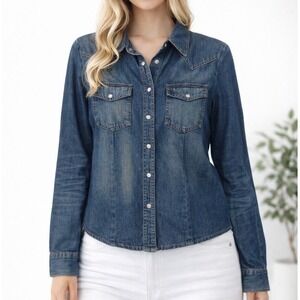 Just The Girls Denim Jean Shirt Top Women's Sz M Western Light Country Pearlsnap